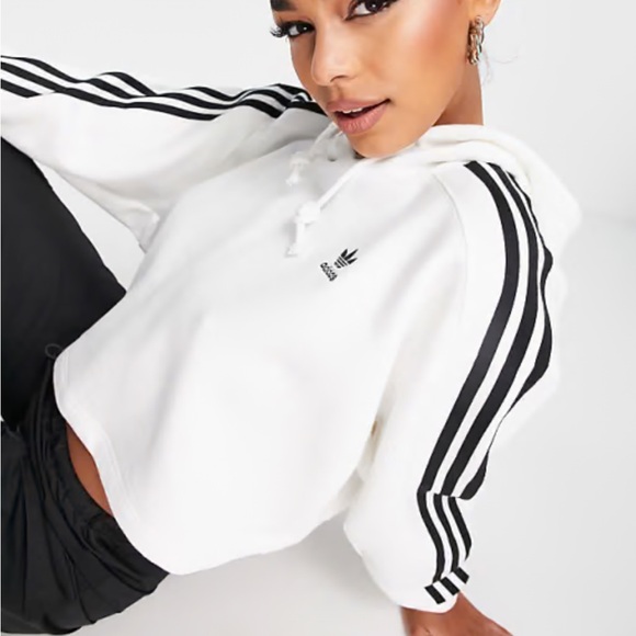 adidas Tops - Adidas Originals Cropped Hoodie White Black Triple Stripe Size M